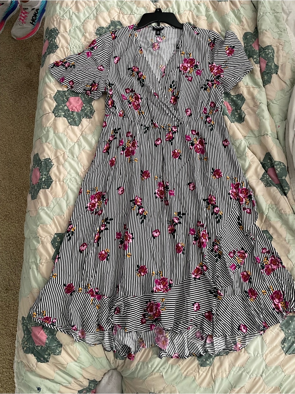 Womens Torris 00 Black & White Striped Floral Wrap Dress with Pink Roses